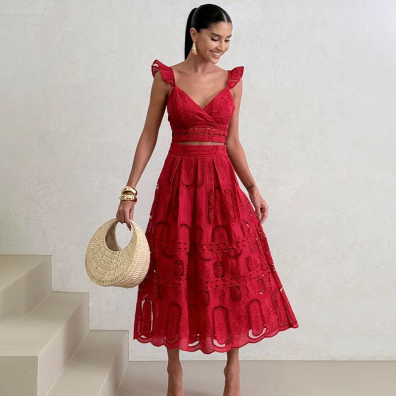 Two Piece Sets V neck Flying Sleeves Short Top High Waist Slimming Skirt