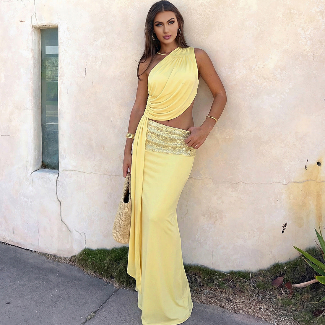 Ribbon Stitching Sexy Backless Hip Hugging Sassy Skirt Two Piece Sets