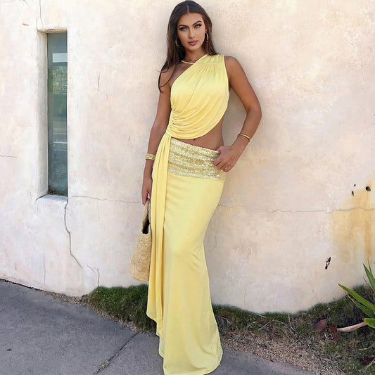 Ribbon Stitching Sexy Backless Hip Hugging Sassy Skirt Two Piece Sets