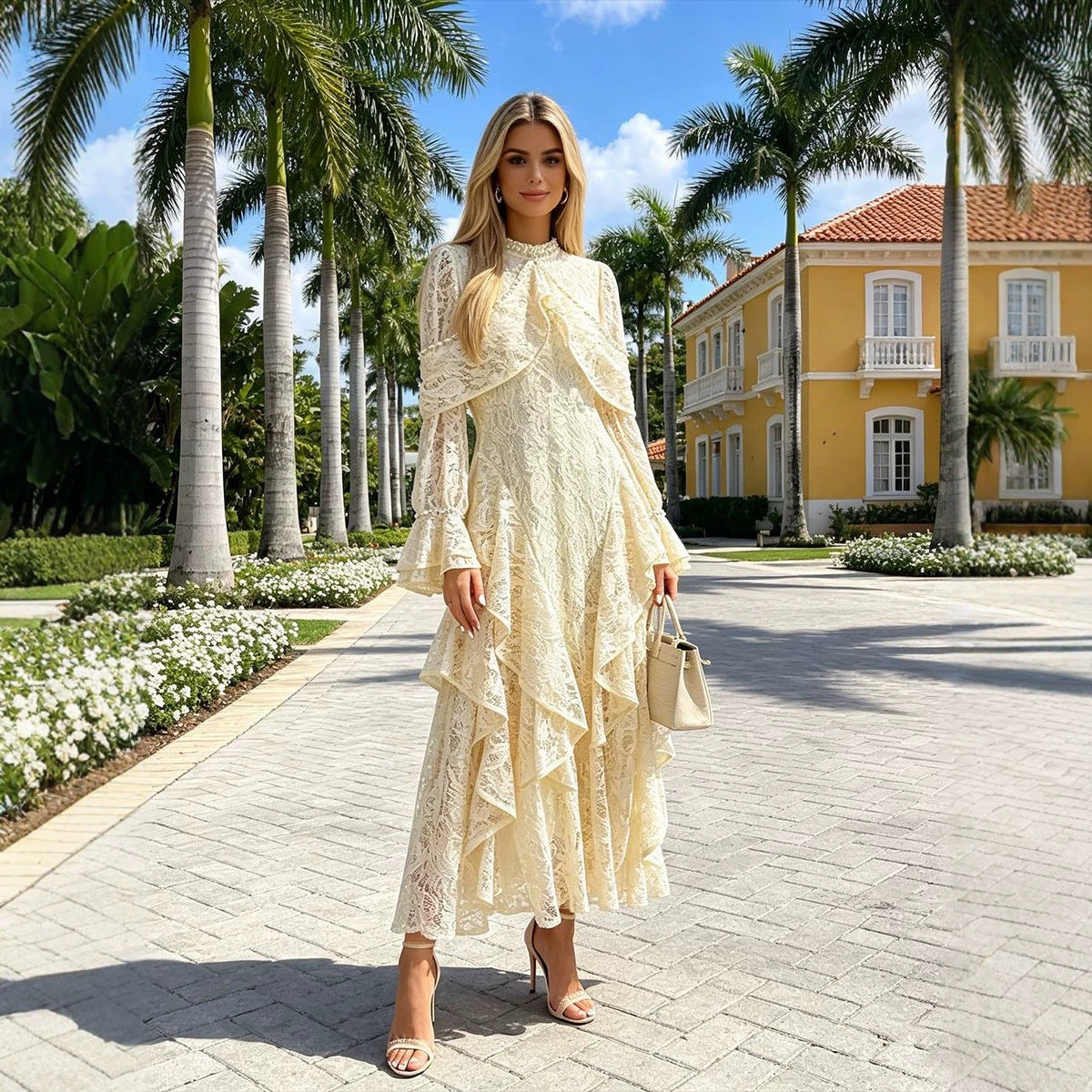 Summer Elegant Retro Cocktail Beaded Lace Bell Sleeve Dress