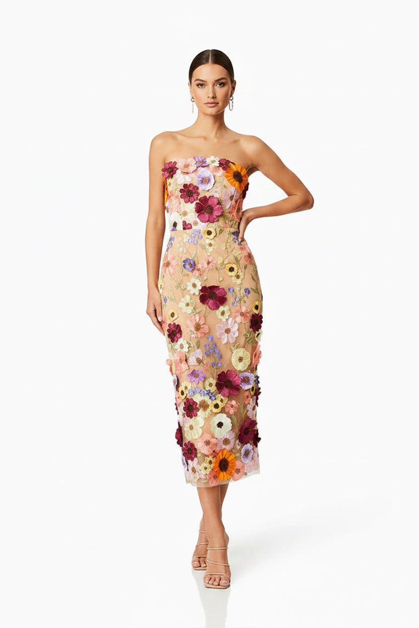 Three Dimensional Floral Embroidered Slim Slim Fit Tube Top Dress