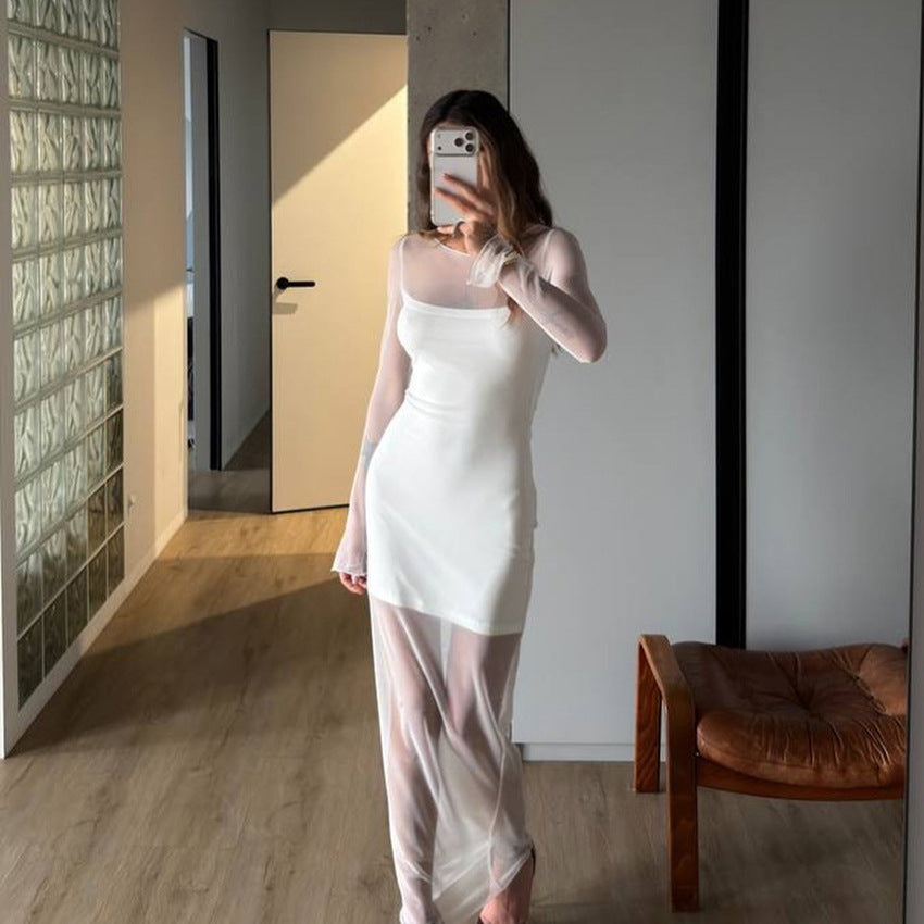 Long Sleeve Tulle Dress Double Layer Design White Moonlight Dress