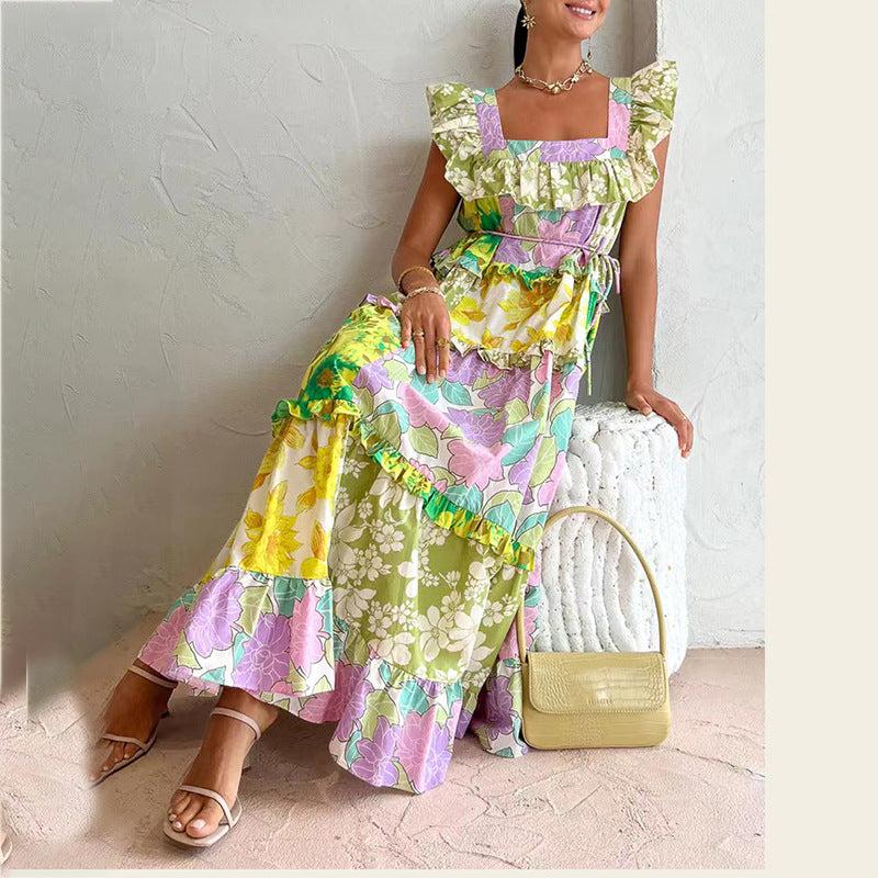 Spring Ruffles Sexy off-Neck Printed Waist Controlled Slim Dress