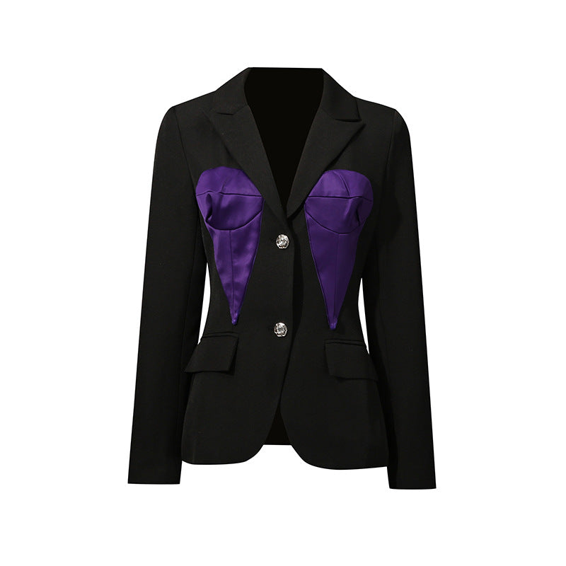 Office Niche Design Slim Fit Contrast Colors Long Sleeve Blazer for Women