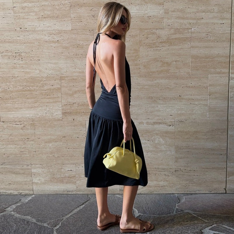 Halter Pleated Slit Dress