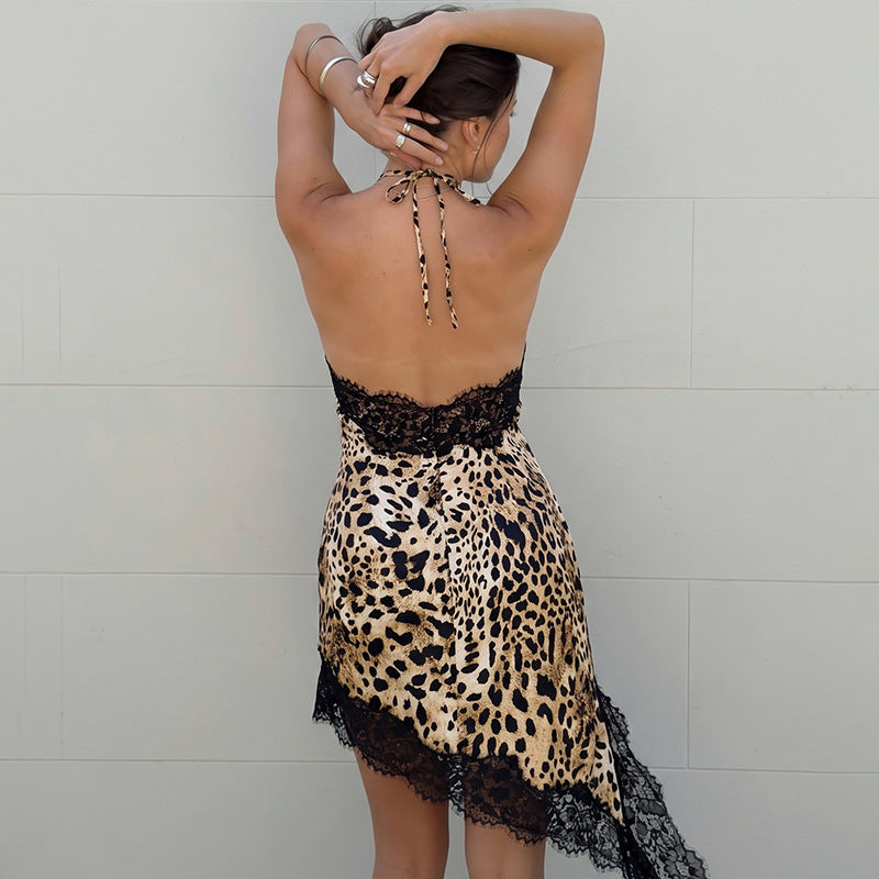 Backless Slit Lace Flounce Trim Lace Up Short Dress