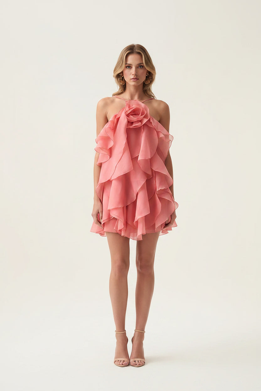 Elegant Sexy High Grade Short Dress Early Spring Halter Three Dimensional Floral Design Lace up Sleeveless Dress