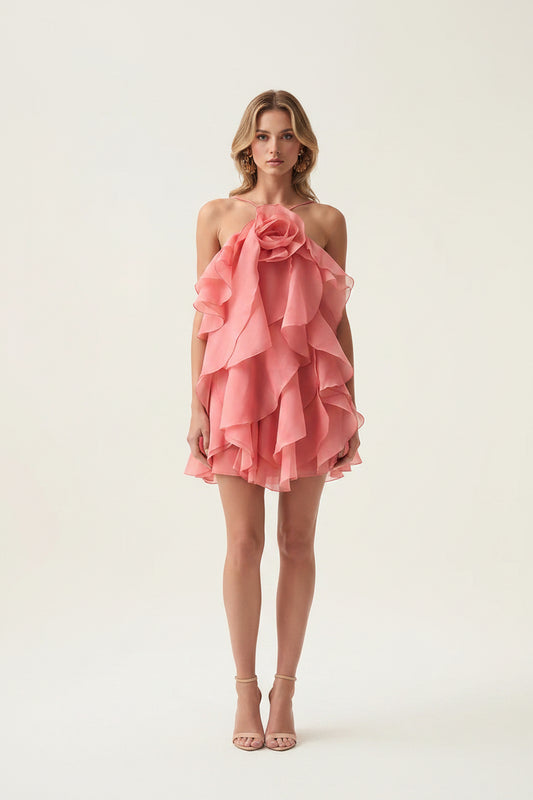 Early Halter Three Dimensional Floral Design Lace up Sleeveless Dress