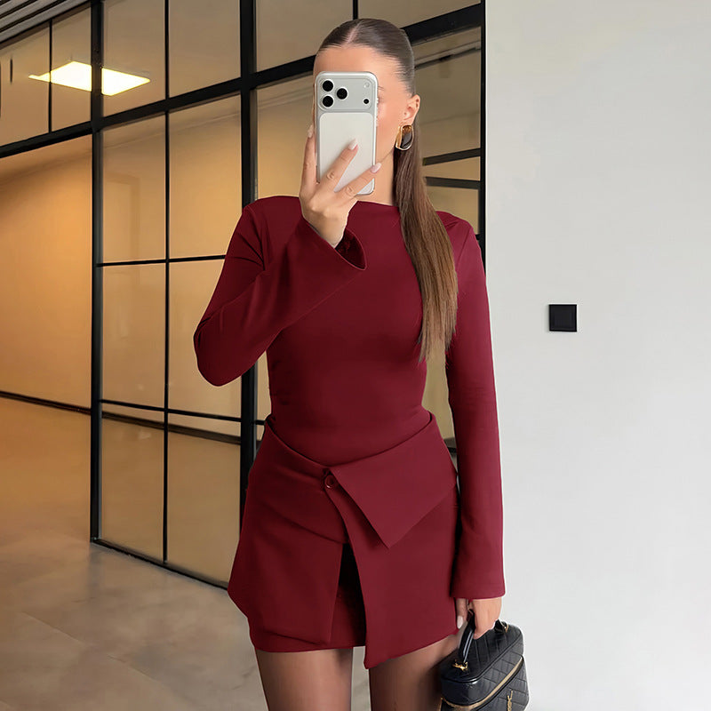 Micro Pull Long Sleeve Short Dress Fold Button Two Piece Overskirt Set