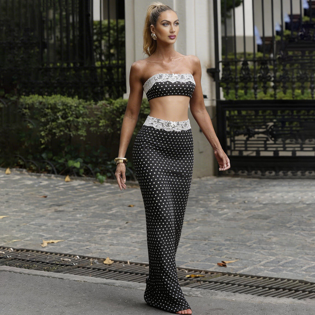 Sexy Tube Top Lace Lace Vest Polka Dot High Waist Skirt Set