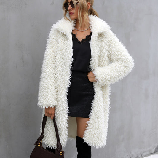 Faux Fur Plush Collared Warm Large Overcoat Coat