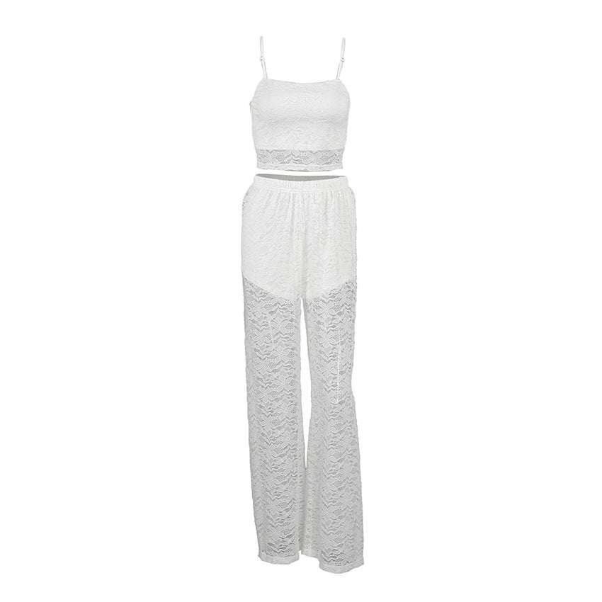 Lace Short Cropped Top High Waist Wide Leg Pants Two Piece Set