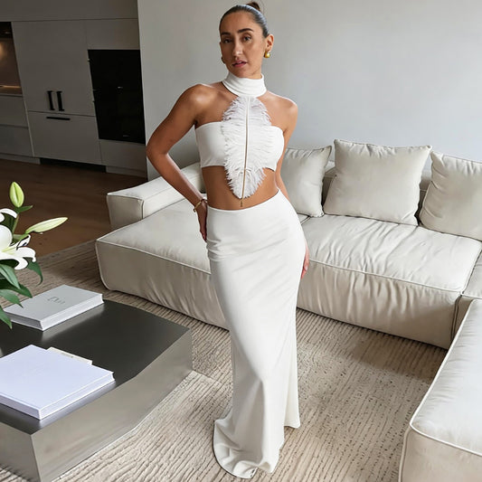Irregular Asymmetric Turtleneck Patchwork Feather Tube Top Sexy Sheath Skirt Sets