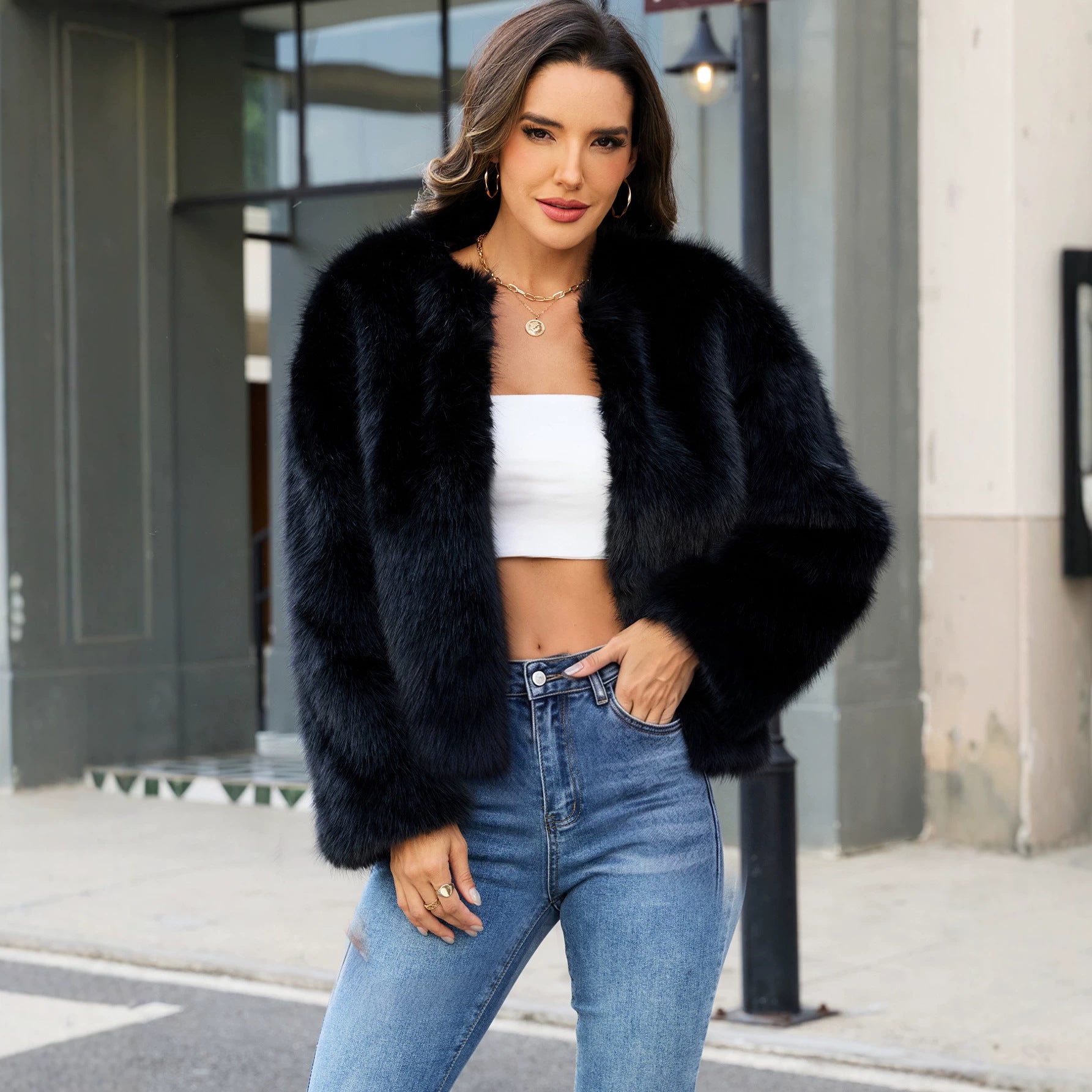 Collared Environmental Protection Faux Fur Short Faux