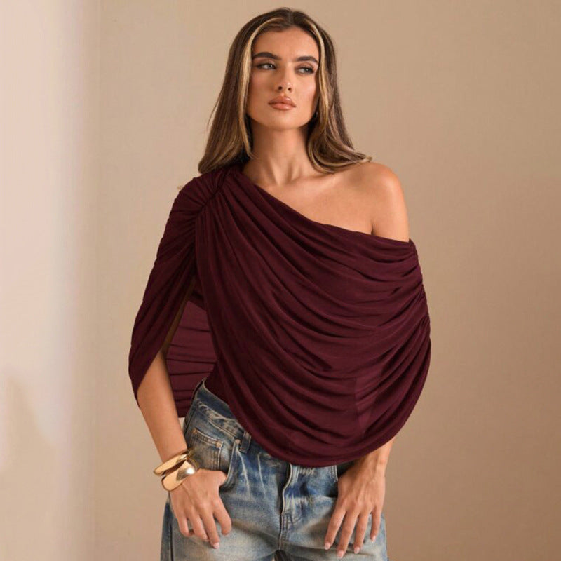 Mesh Loose Pleated Sloping Shoulder off the Shoulder Jumpsuit