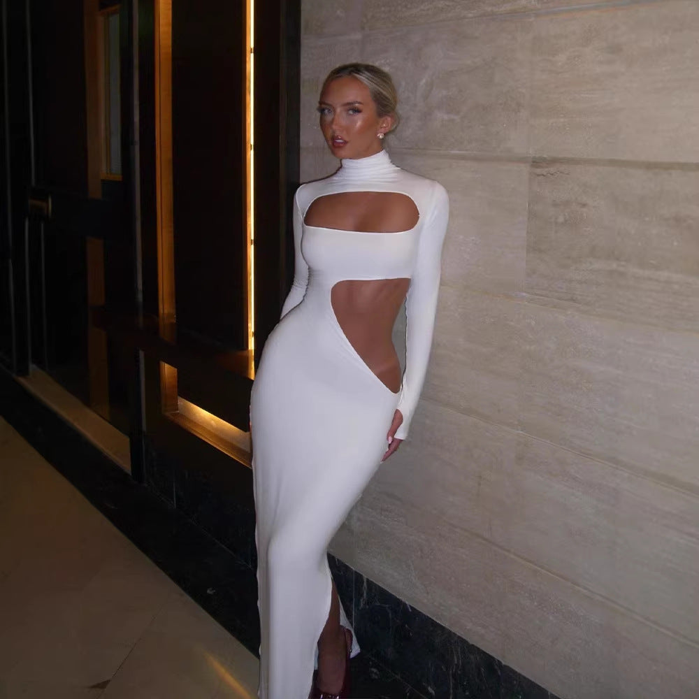 Long Sleeve Hollow Out Cutout out Tight Slim Solid Color Maxi Dress
