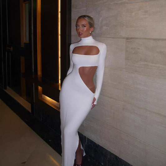 Long Sleeve Hollow Out Cutout out Tight Slim Solid Color Maxi Dress