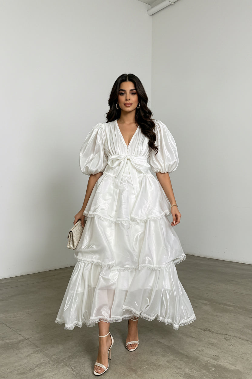French Vintage Court Loose Maxi Puff Sleeve Printing Tiered Dress