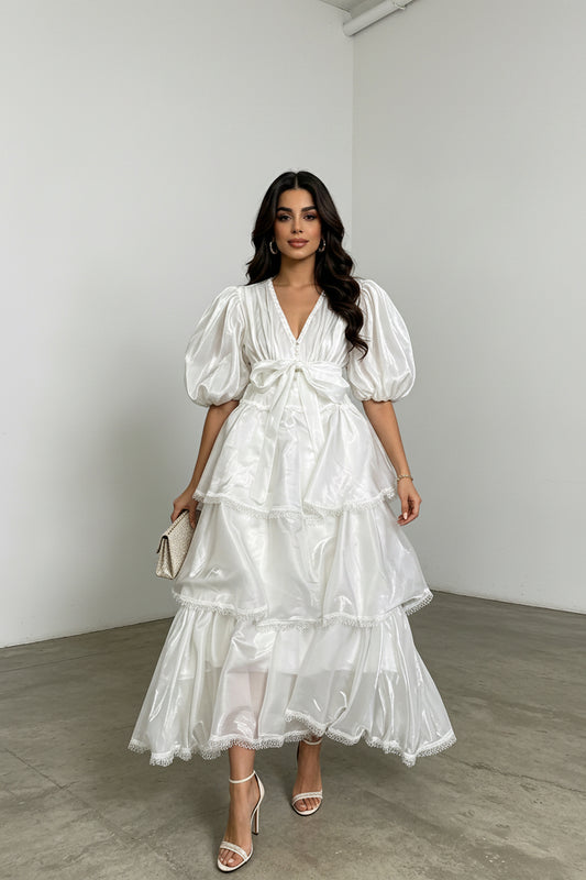 French Vintage Court Loose Maxi Puff Sleeve Printing Tiered Dress