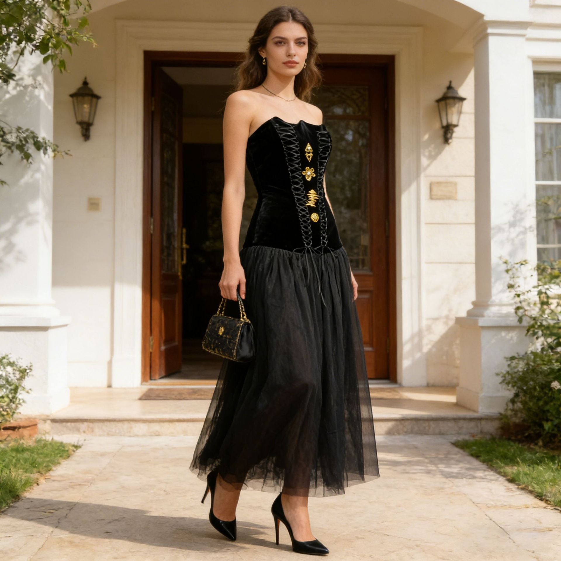 Autumn French Metal Decoration Strap Dress Mesh Slim Fit Patchwork Slimming Dress Women