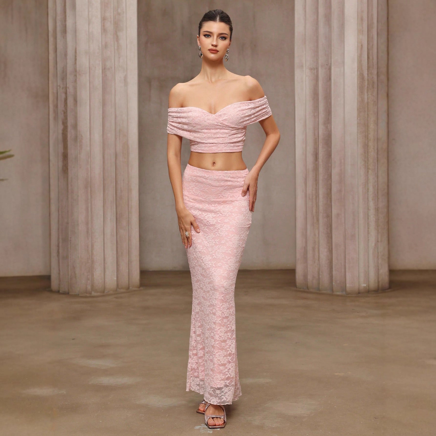 Slim Fit Skirt Two Piece Set Lace off Shoulder Top