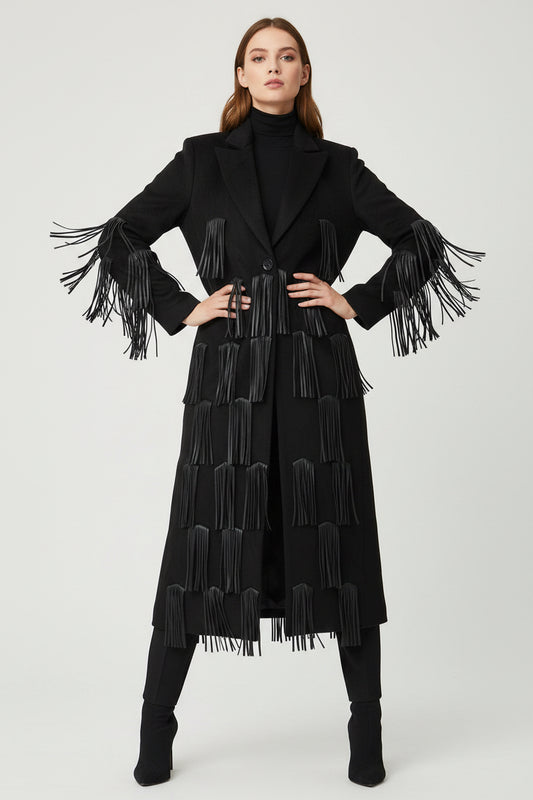 Faux Leather Tassel Embellished Mid Length Coat Windbreaker Woolen Coat