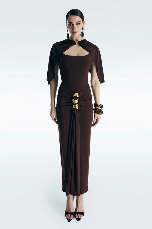 Shawl Solid Color Stitching Metal Buckle Tight Waist Slim Hip Dress