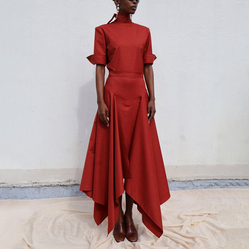 Solid Color Top Irregular Asymmetric Maxi Skirt Set