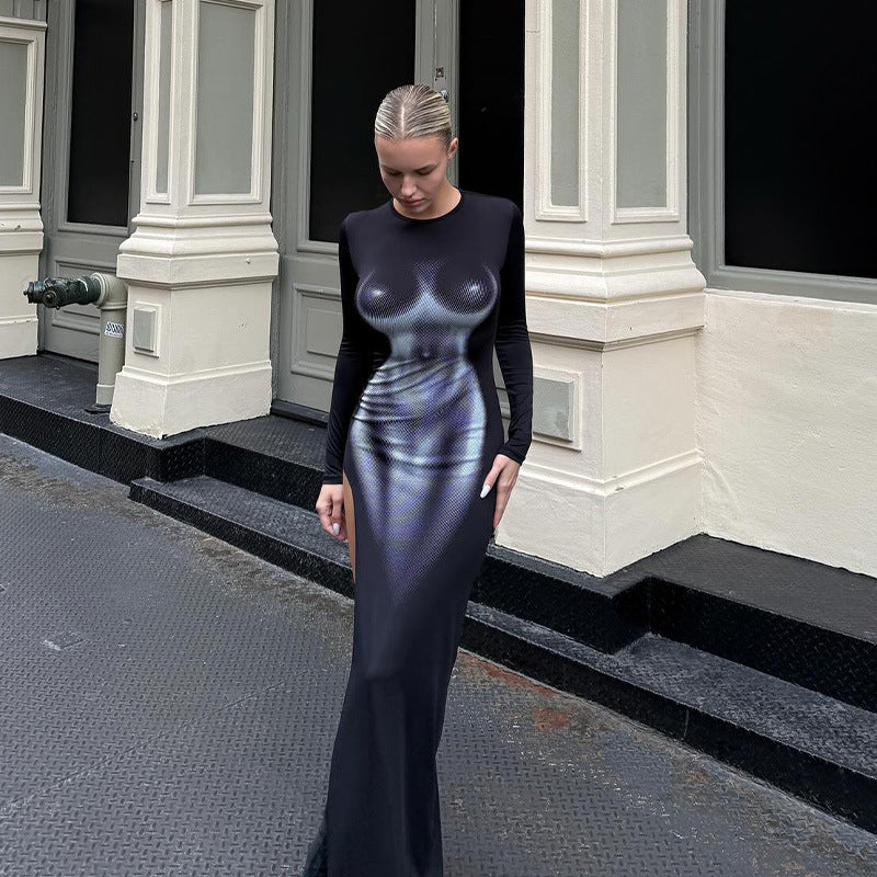 Sexy 3D Body Print Long Sleeve Slim Sheath Dress