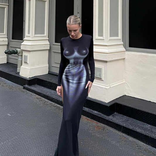Sexy 3D Body Print Long Sleeve Slim Sheath Dress