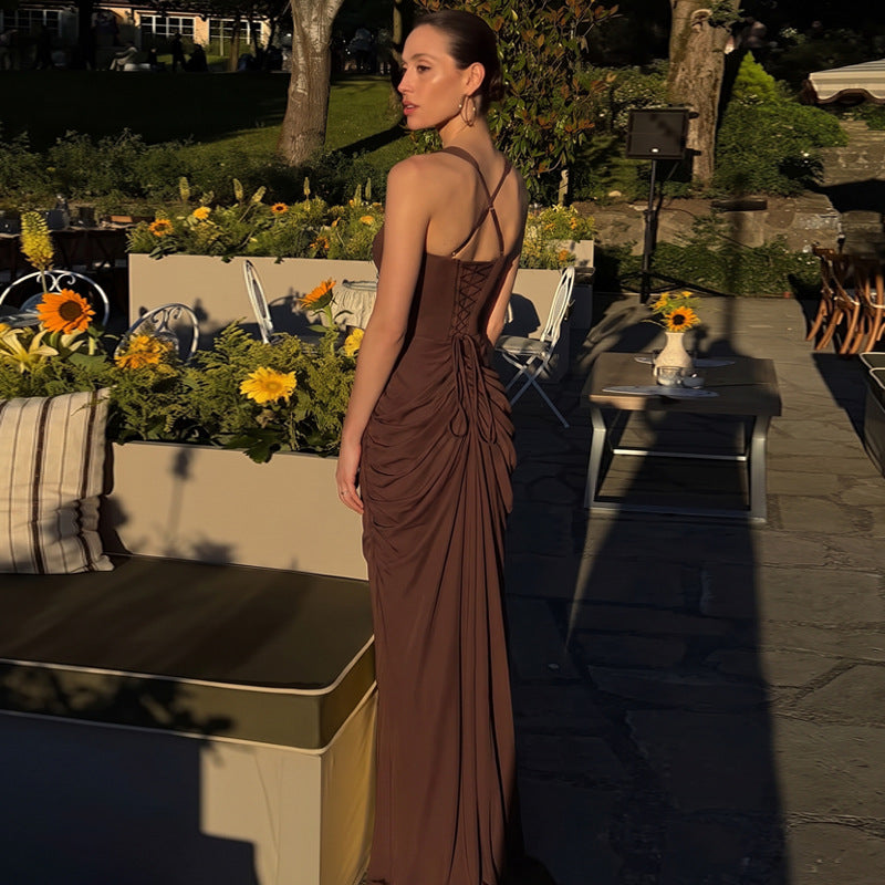 Wear Backless Cross Strap Long Slim Pleated Half