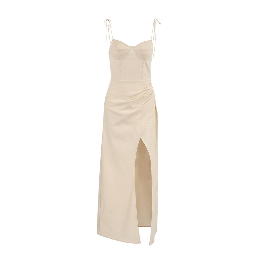 Summer Khaki Cotton Linen Split Suspender Sexy Slim Dress