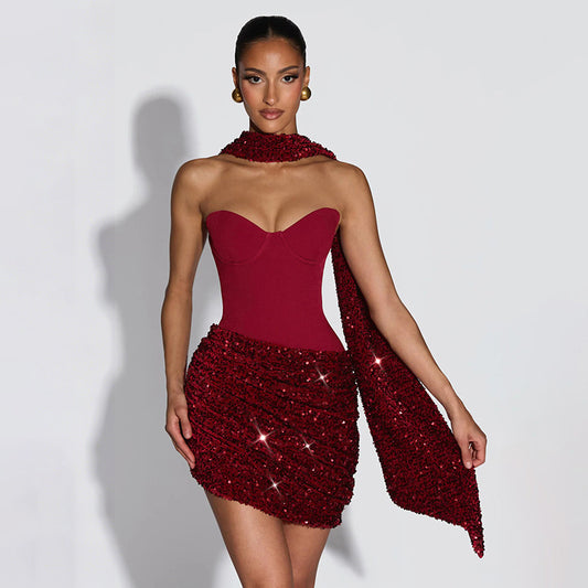 Sexy Halter Ribbon Asymmetric Pleated Draped Mini Dress