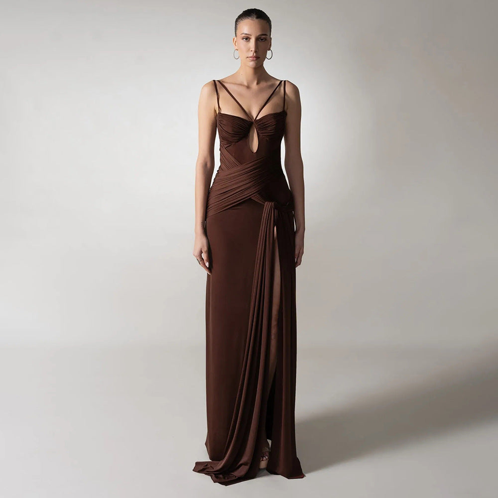 Dress Slim Fit Maxi Dress Backless Brown Pleating