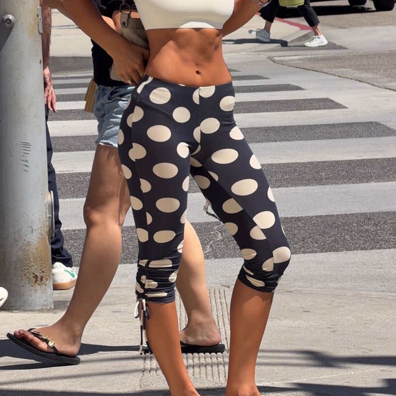 Irregular Asymmetric Polka Dot Print Tight Casual Cropped Pants