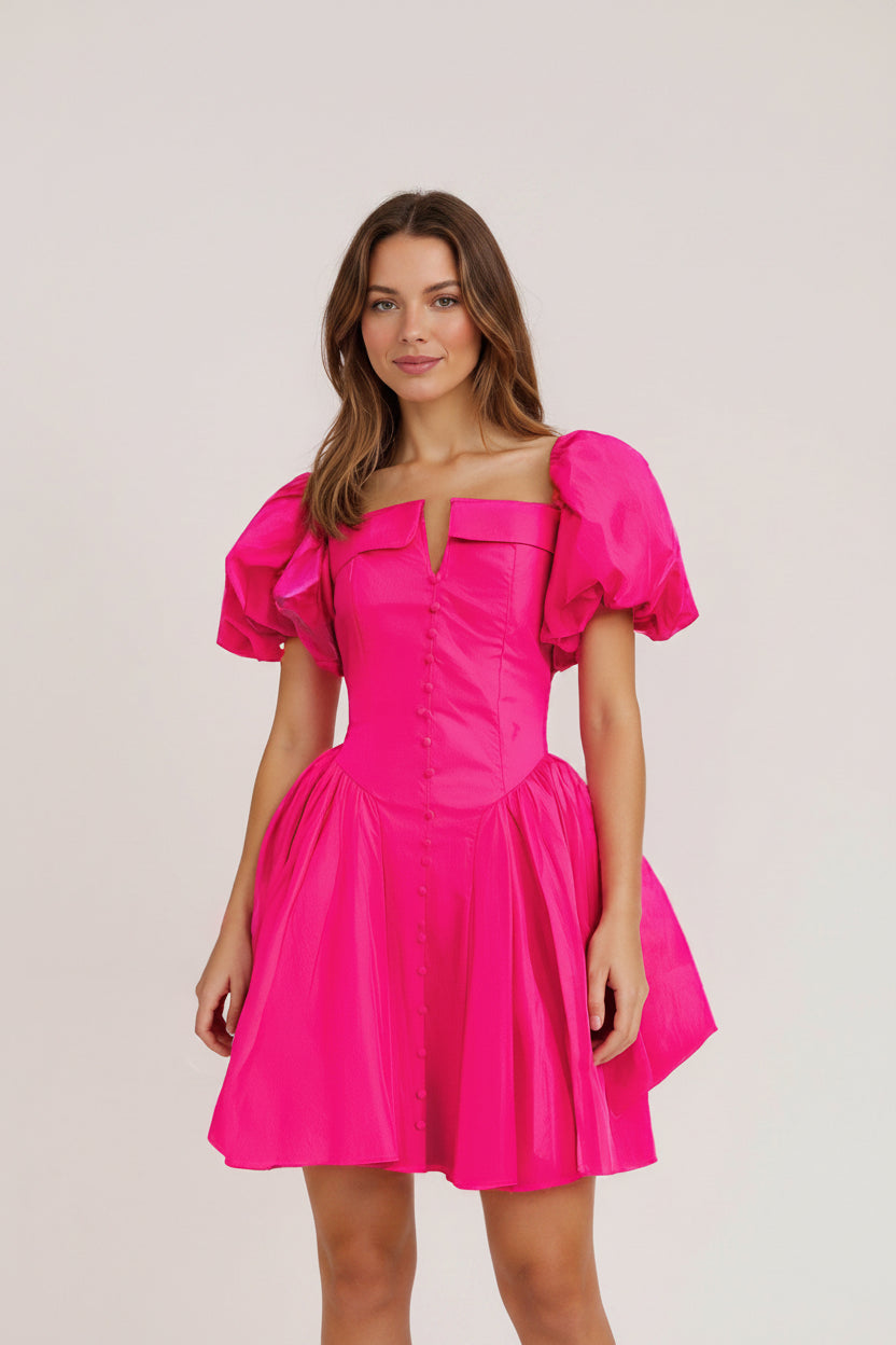 French Elegant Short Collarless Sleeve Waist High Waist Dress