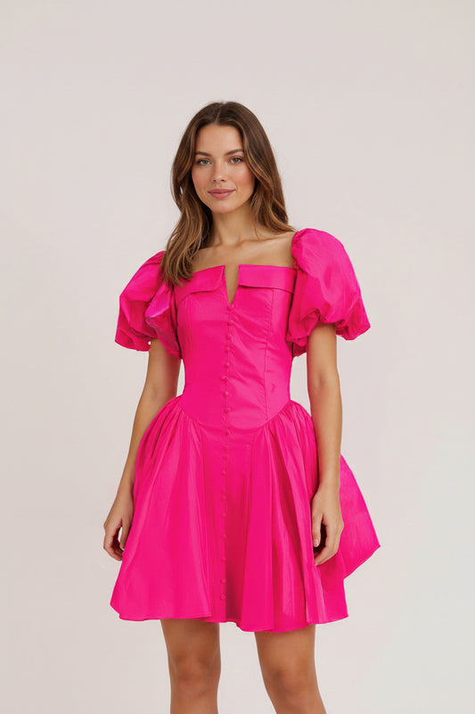 French Elegant Short Collarless Sleeve Waist High Waist Dress