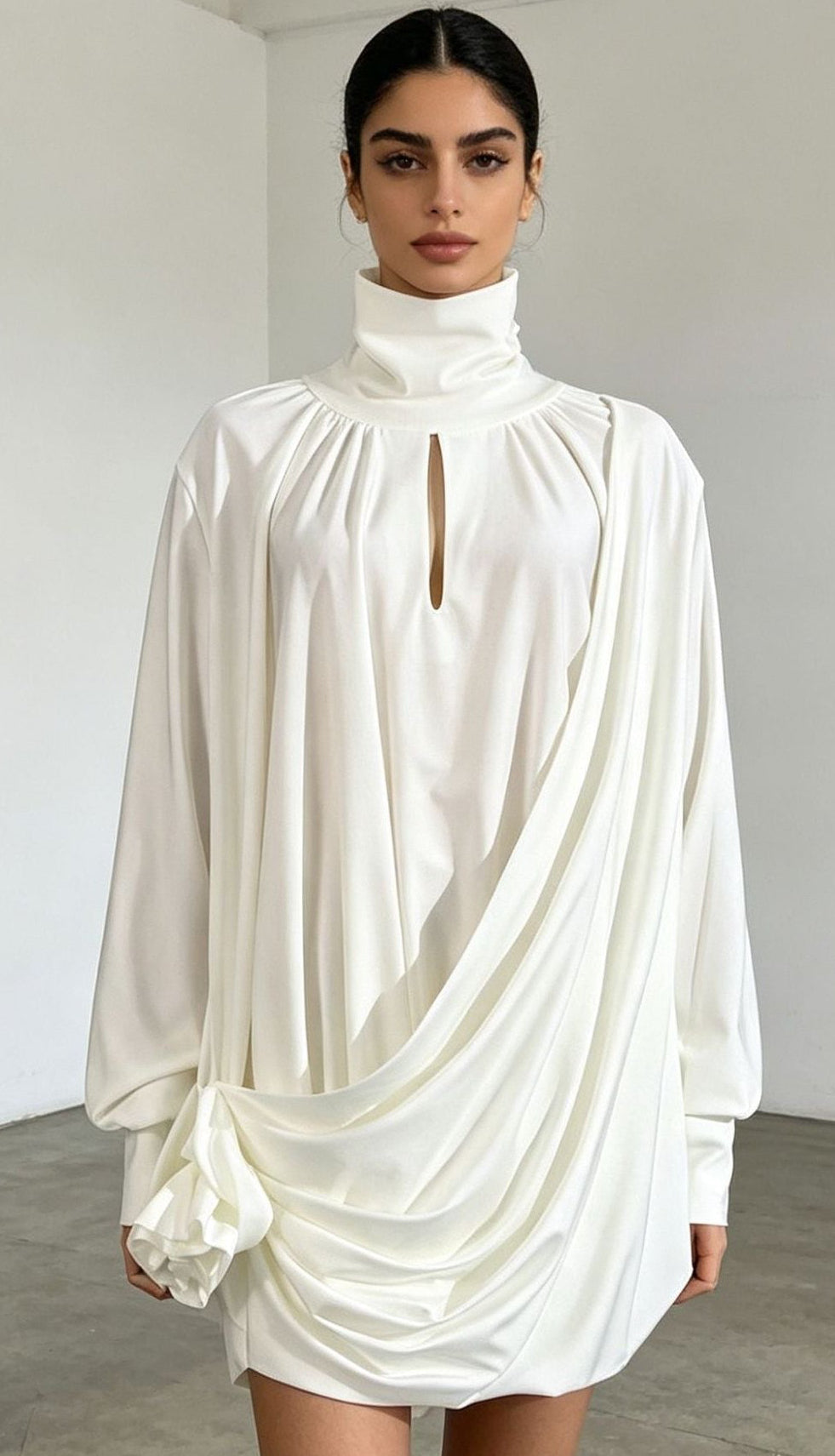 Collar Long Sleeves Short Dress Three Dimensional Pleated Short Dress