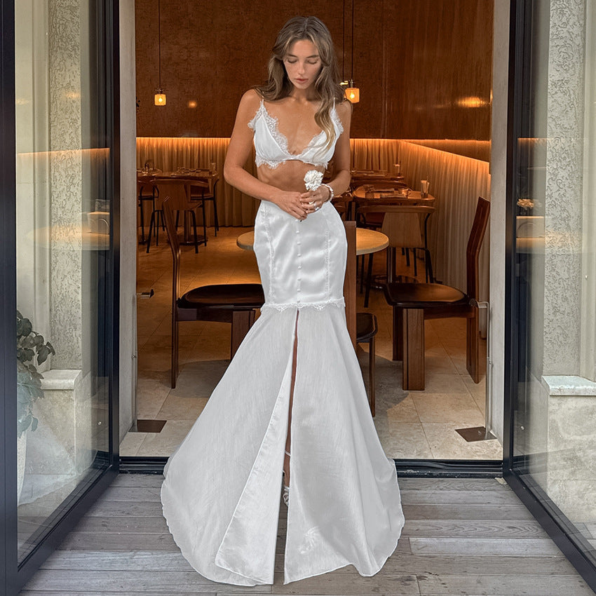 Camisole Lace Stitching Satin Split Irregular Asymmetric Two Piece Sets Overskirt