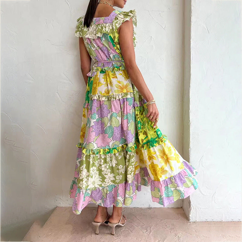 Spring Ruffles Sexy off-Neck Printed Waist Controlled Slim Dress