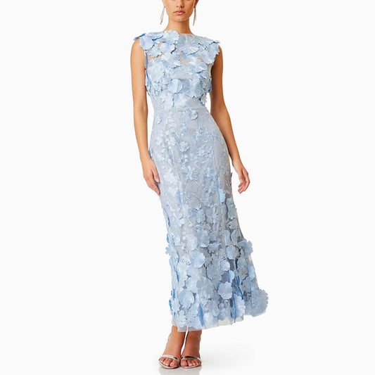 Dignified Floral Collage Design Long Early Spring Three Dimensional Floral Waist Slimming High Waist Dress