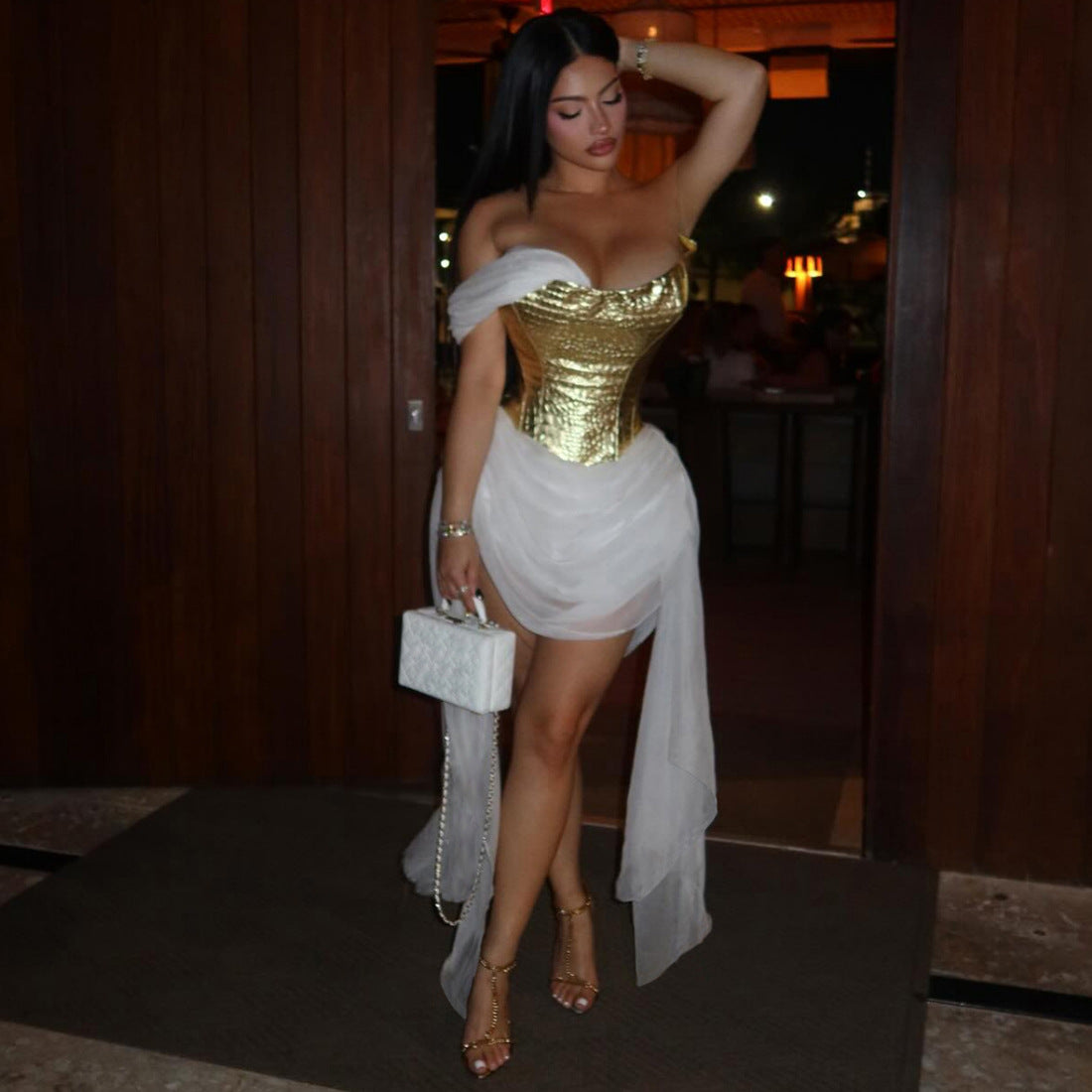 Golden Bright Surface Mesh Stitching Ribbon Sexy Dress