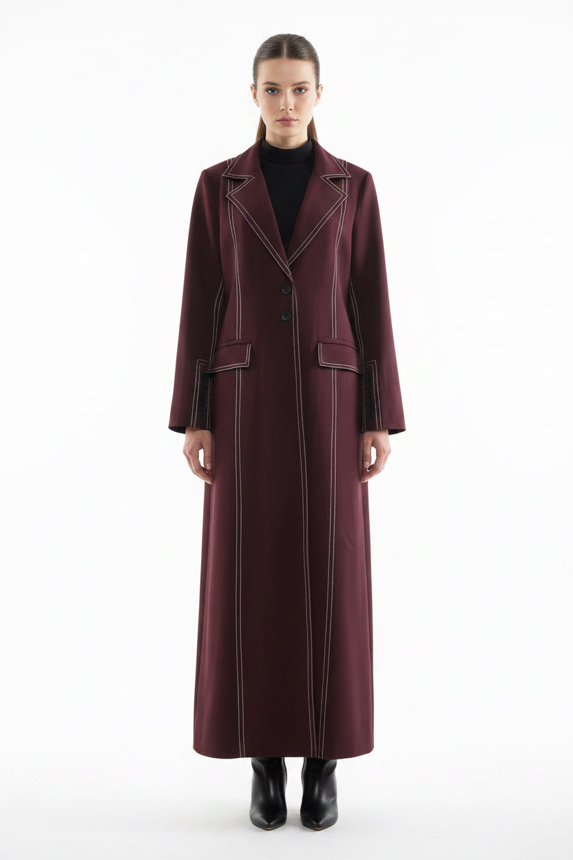 Matching Color Contrast Double Line Mid Length Coat Trench Coat
