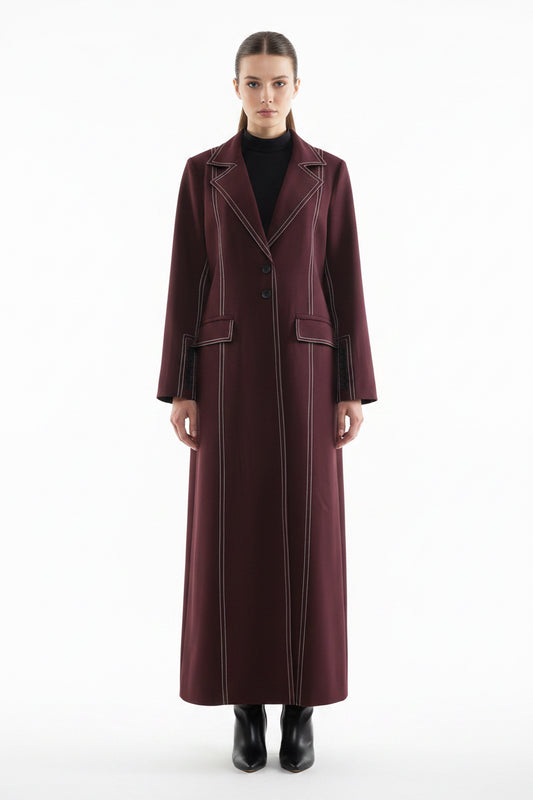Matching Color Contrast Double Line Mid Length Coat Trench Coat