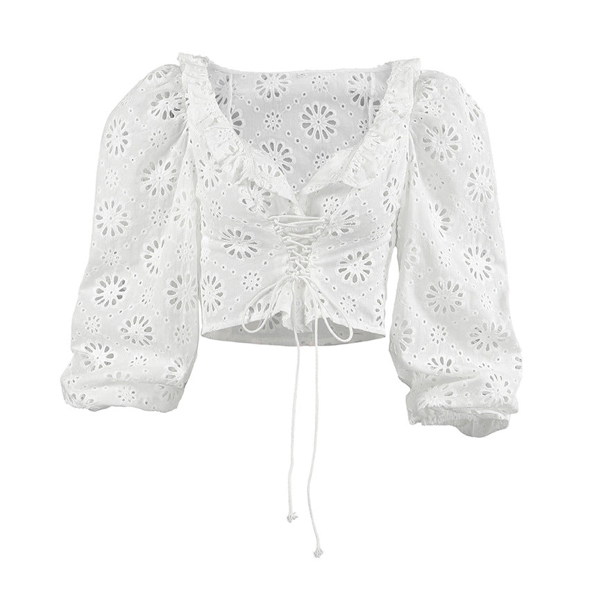 Pure Cotton Embroidery Hollow Out Cutout Puff Sleeve Sexy V neck top