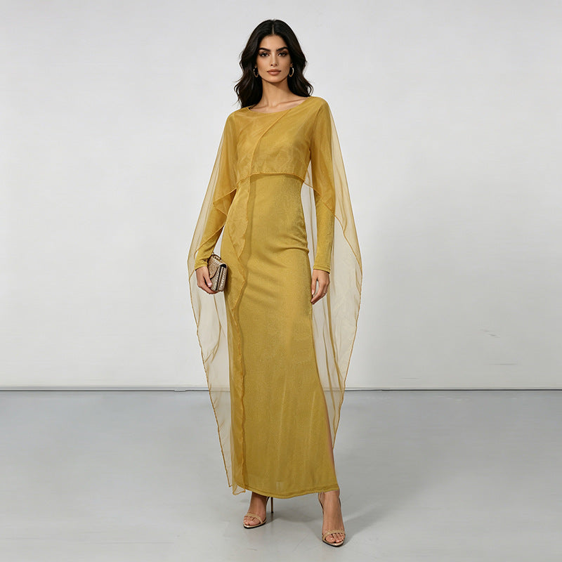 Niche round Neck Mesh Stitching Solid Color High Waist Maxi Dress