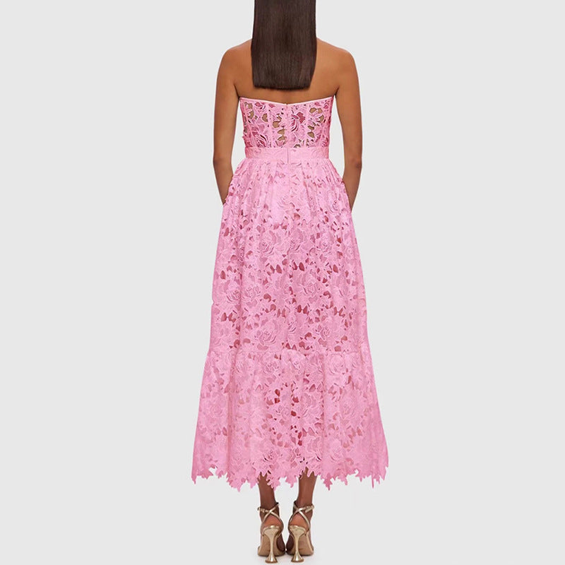 Elegant Solid Color Tube Top Maxi Dress Niche Design Embroidered Crocheted Waist Slimming Dress for Women