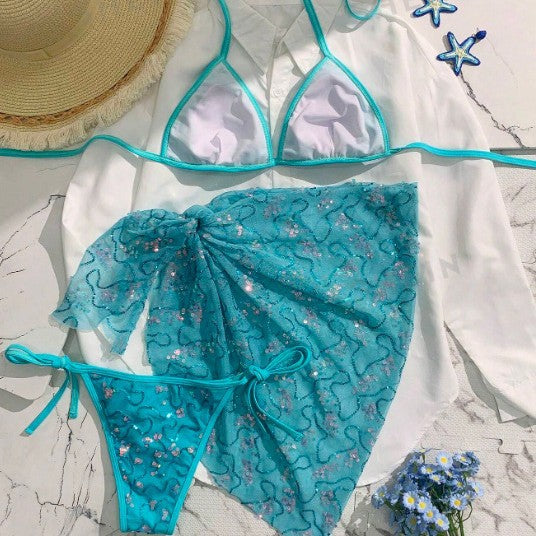 Blue Sequined Spaghetti Strap Halter Sexy Beach Three Piece BikiniSwimsuit