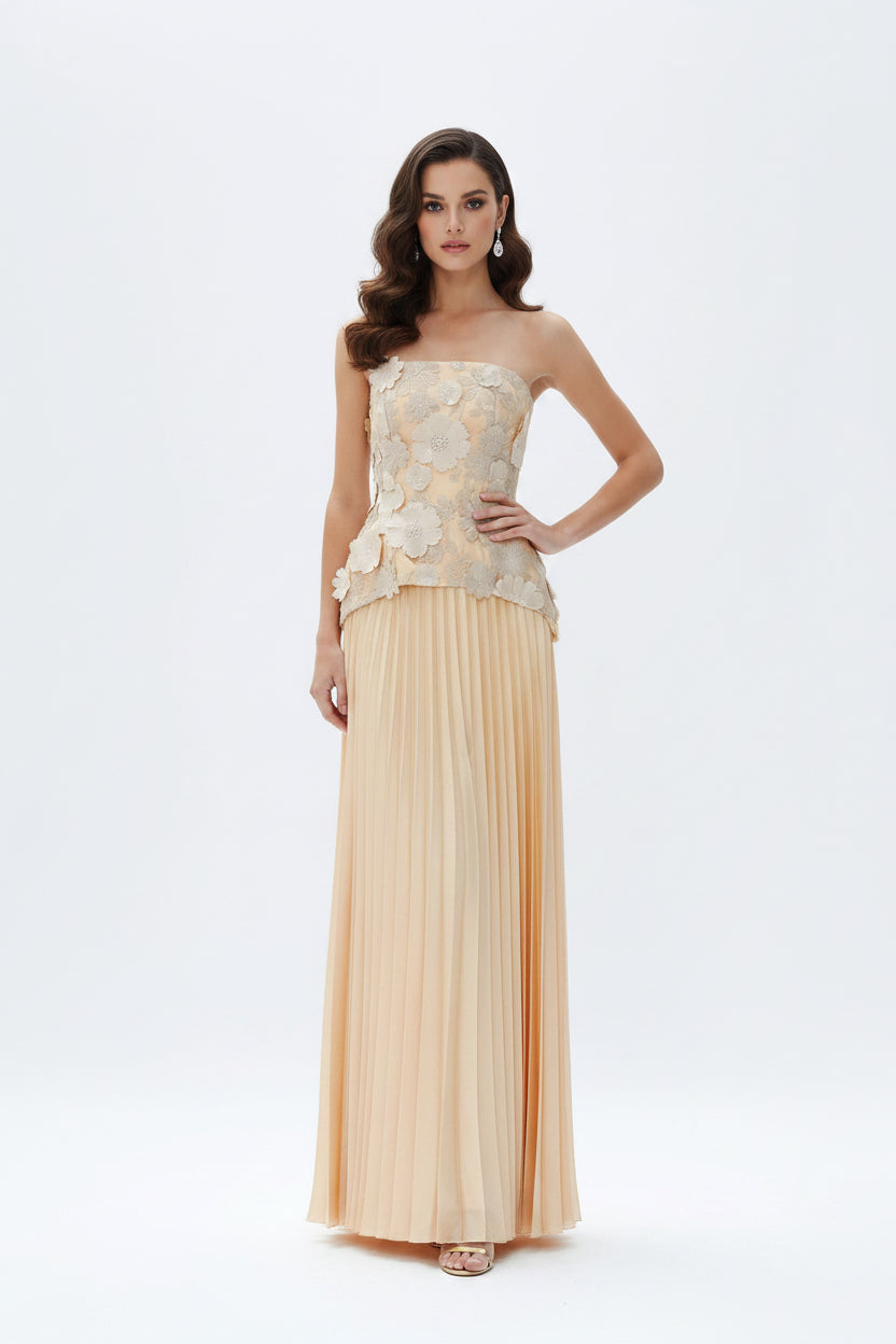 Three Floral Waist Controlled Top High Waist Pleated Skirt Two Piece Sets