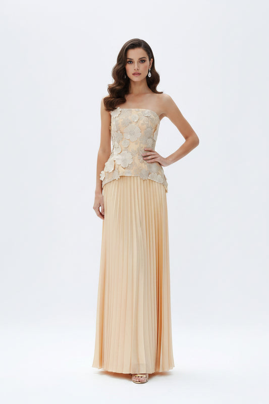 Three Floral Waist Controlled Top High Waist Pleated Skirt Two Piece Sets
